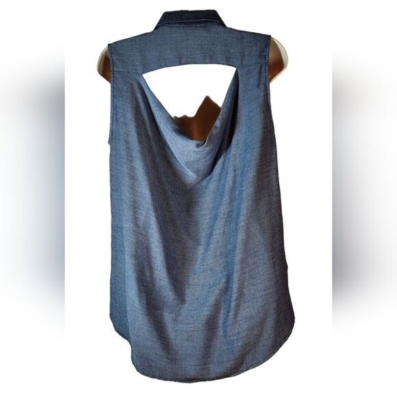 Cabi Top Tunic Blue Chambray Drape Open Back Hi Low Blouse Flowy Button‎ 387 S - Picture 6 of 13
